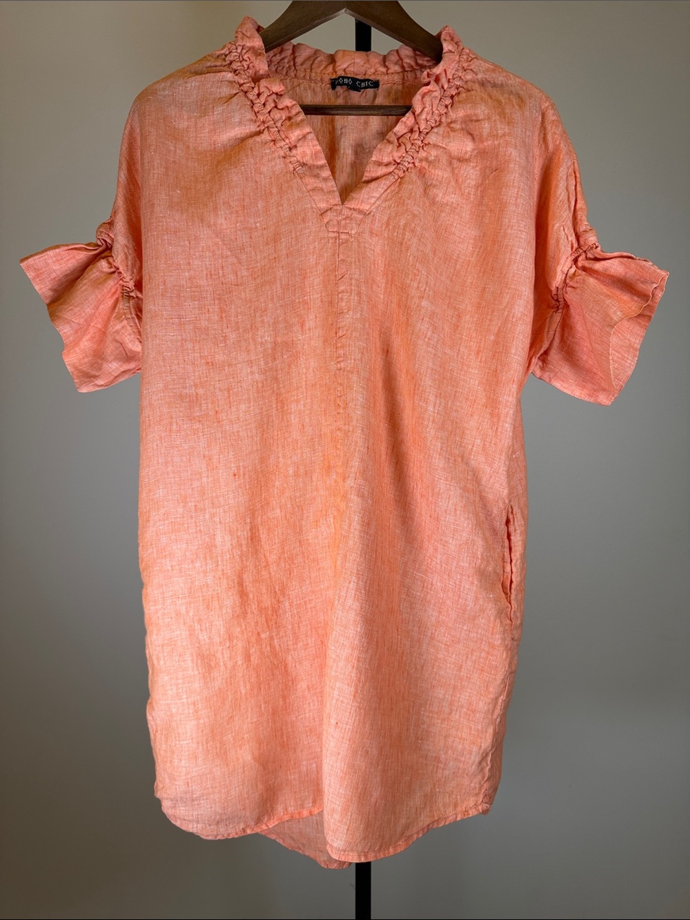 BOHO CHIC Coral Orange Linen Ruffle V-Neck Tunic Dress Short Sleeve Pockets | M
